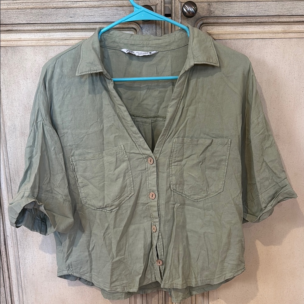 Zara Green Boxy Short Sleeve Button Down Shirt